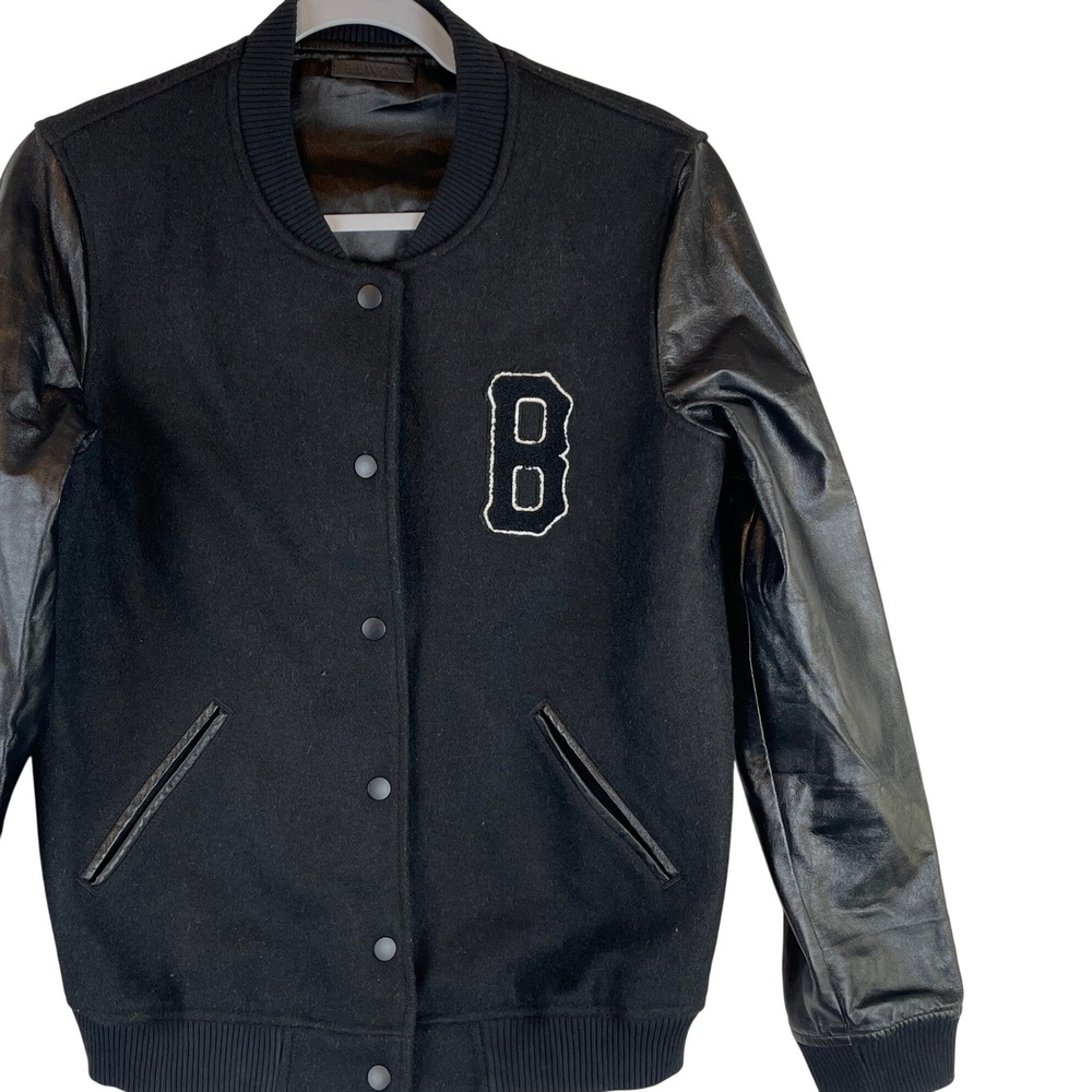 Black Scale BLWCK Varsity Jacket Men Medium Black Leather Wool Letterman B Patch